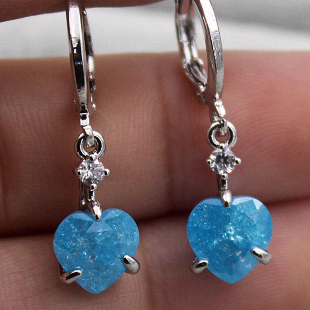 18K White Gold Filled Blue Cherry Heart Diamond Zircon Dangle Earrings 1.71ctw